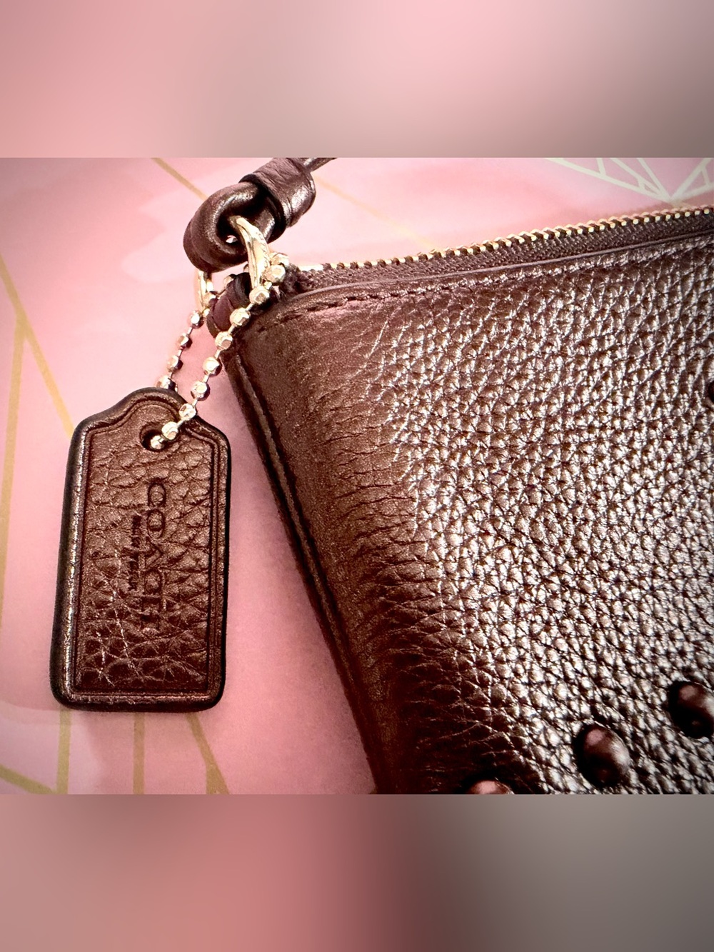 Coach Metallic Chocolate Brown Pebbled Leather Zip Wristlet - Picture 4 of 7